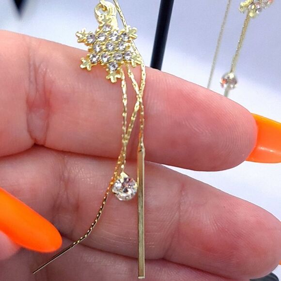 Dainty CZ Snowflake Earrings Gold Thread Dangle Holiday Wedding Formal Jewelry - Picture 4 of 8